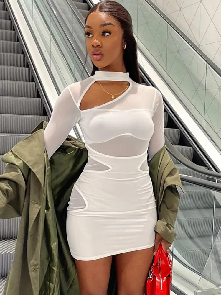 Articat elegante manga longa oco para fora vestido de cor sólida feminino sexy malha retalhos fino ajuste vestido apertado festa boate vestidos