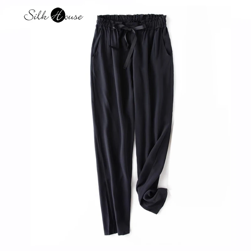 

European and American Style Design Sense Black Ribbon 100% Natural Mulberry Silk Crepe De Chine Women's Casual Harem Pants