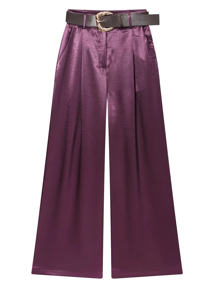 

Женский атласный комплект, новинка 2025, женский модный свободный топ + брюки для отдыха с поясом, комплект из двух предметов, женский элегантный уличный комплект для отдыха