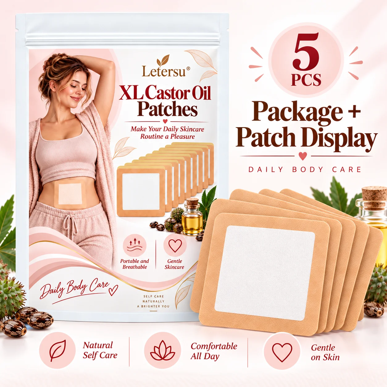 5PCS XL Castor Oil Patches for Belly, Large Castor Oil Pack Wrap Pads, Portable Body Care Patches for Women, Daily Self Care