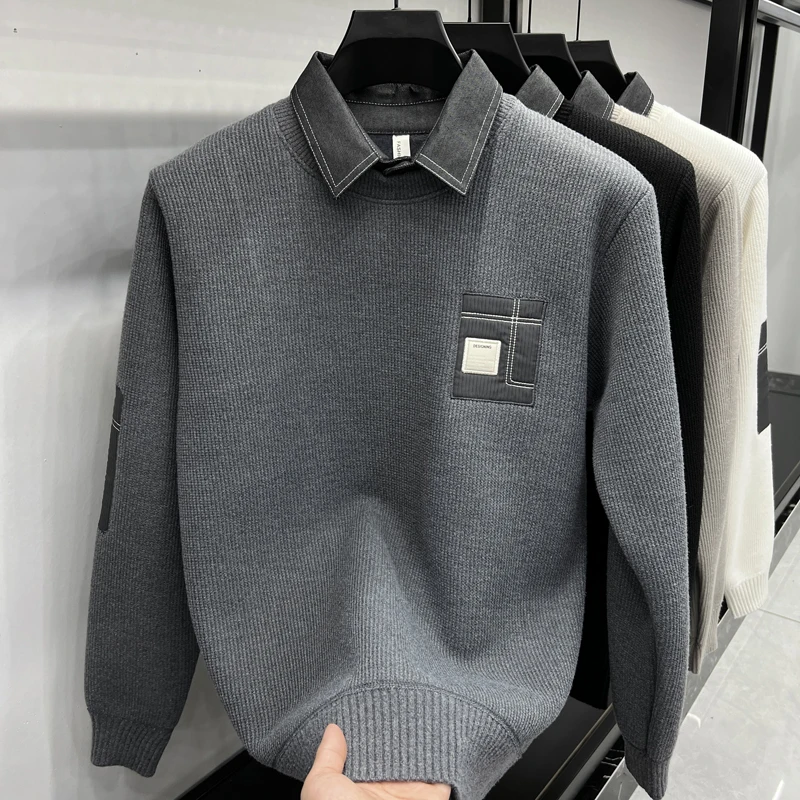 2025 Maglione da uomo invernale nuovo in pile intero finto in due pezzi moda casual lavorato a maglia con fondo in pile spesso