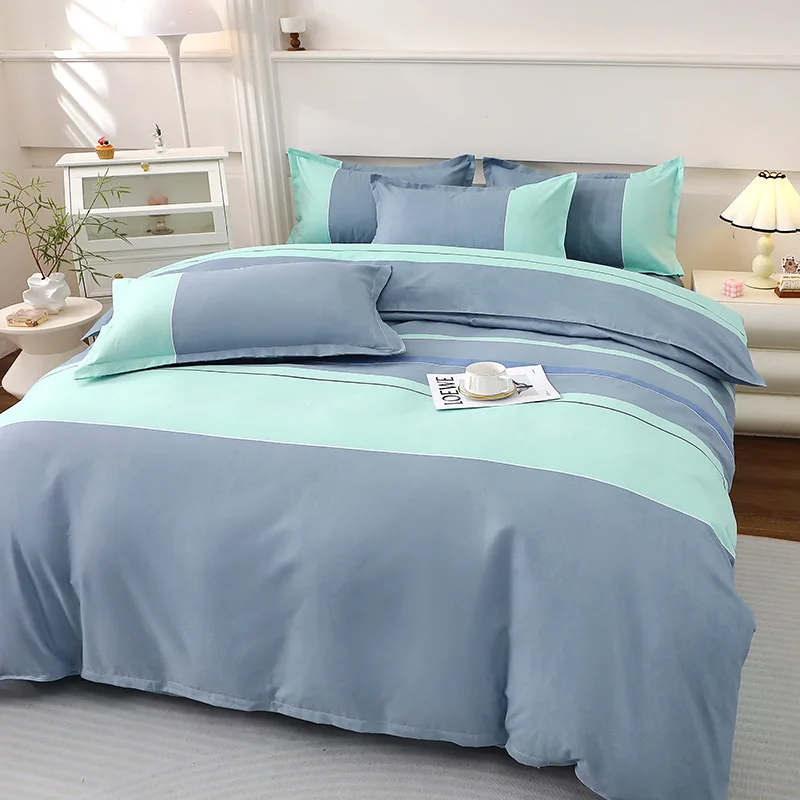 Blue Mint Green Striped Bedding Set Soft Breathable Microfiber Bed Sheet Set with Pillowcases Queen King Size for Bedroom Guest