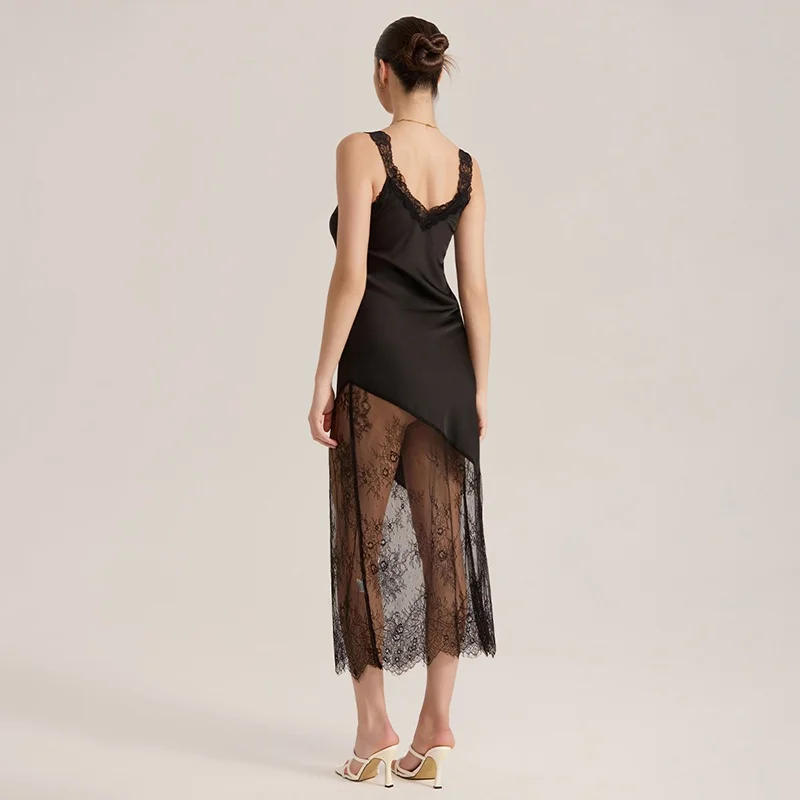 CINOON المرأة الساتان ثوب النوم الدانتيل لوحات مثير أنيقة الفرنسية شفافة ماكسي الملابس الداخلية الخامس الرقبة الجوف خارج فستان النوم الناعم