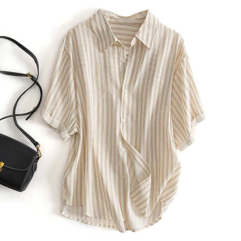 

Summer Thin Neck Short Sleeve Stripe Splicing Color Chiffon Shirt Loose Slimming Outerwear Top for Women Commute Style
