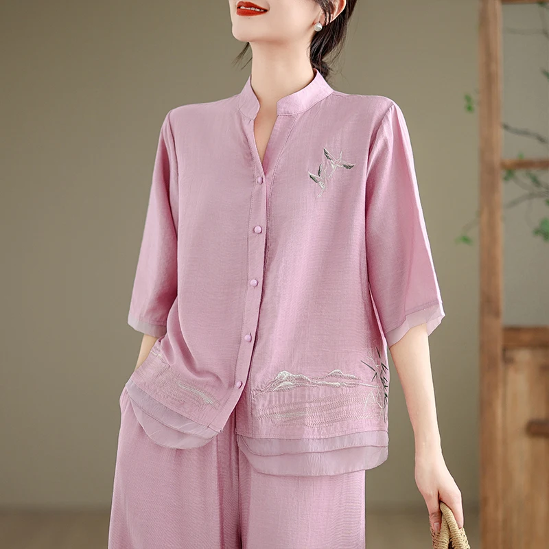 Летний повседневный свободный комплект для мамы, комплект из двух предметов, розовые широкие брюки f Sve, V-Ne, на пуговицах, из смеси хлопка, женские...