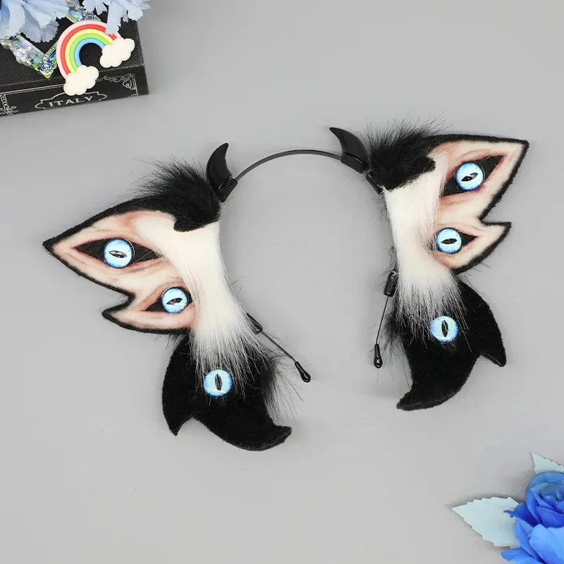 New Arrival Halloween Devil Ears Headdress Comic-con Costume Simulation Animal Eyes Plush Ears Hairband Black Hair Accessories