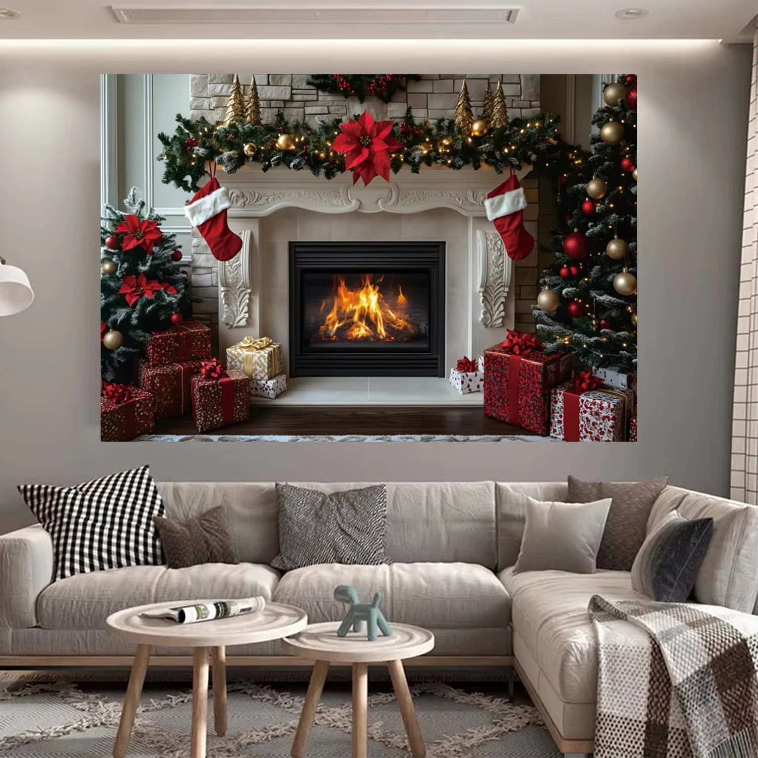 Christmas Fireplace Theme Background New Year Home Decoration Warm Family Winter Brick Frame Stove Photography Props Gift Banner