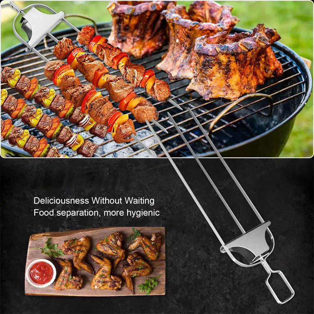 1/3/5pcs Skewer Sticks Kabob Sticks for Grilling 14'' 3 Way Grill Skewers Metal Barbecue Skewers with Push Rod Sliders BBQ Tool
