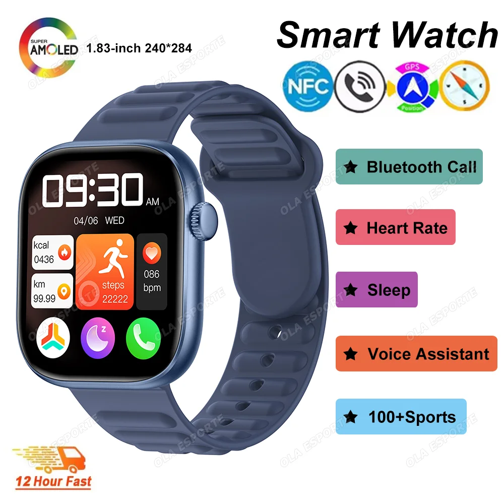 ساعة ذكية للرجال بشاشة AMOLED مقاس 1.83 بوصة، إشعارات رسائل مكالمة بلوتوث، معاينة توقعات الطقس، مراقبة الصحة، ساعة ذكية للنساء
