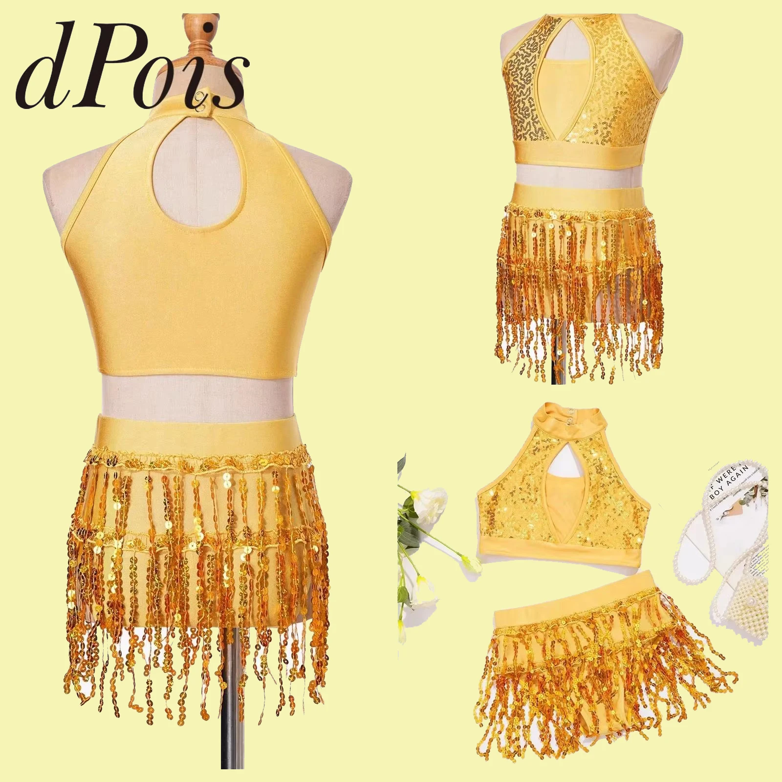 

Children Sequins Tassels Ballroom Jazz Latin Dance Costumes Kids Girls Rumba Chacha Performance Outfit Tango Samba Dancewear