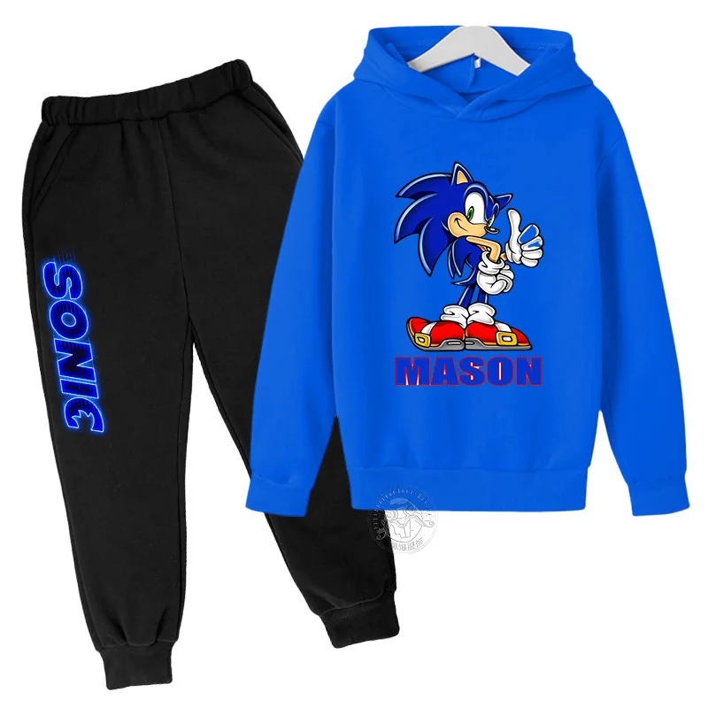 Children's Anime Cartoon Sonic Letter Printed Autumn/Winter Warm Two Piece Hoodie+Pants Sports Set for Boys and Girls Aged 3-13