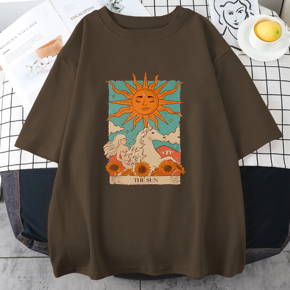 Tarot Card Art The Sun Male Cotton T Shirt High Street Vintage Clothing Breathable Casual O-Neck Short Sleeve Mens Cotton Tops