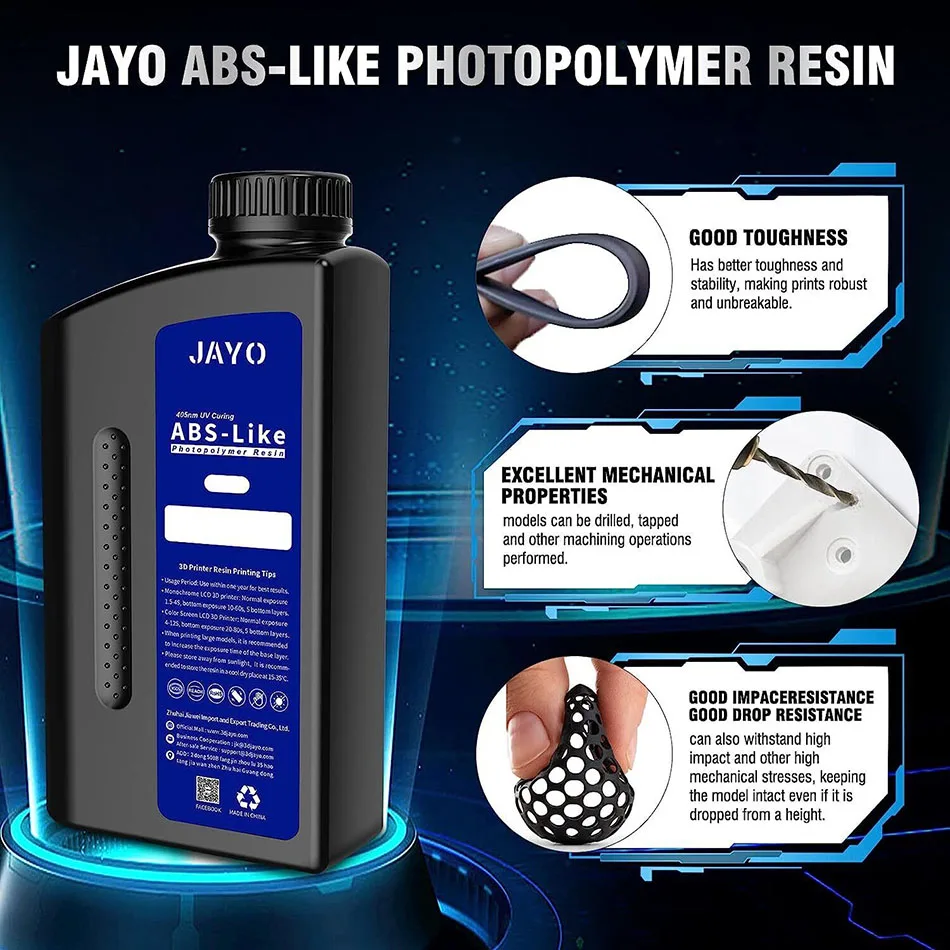 JAYO/SUNLU ABS-achtige 3D-printerhars Boorbaar 405nm Snelle UV-uithardende fotopolymeerhars Geschikt voor 2K 4K 6K 8K LCD 3D-printers