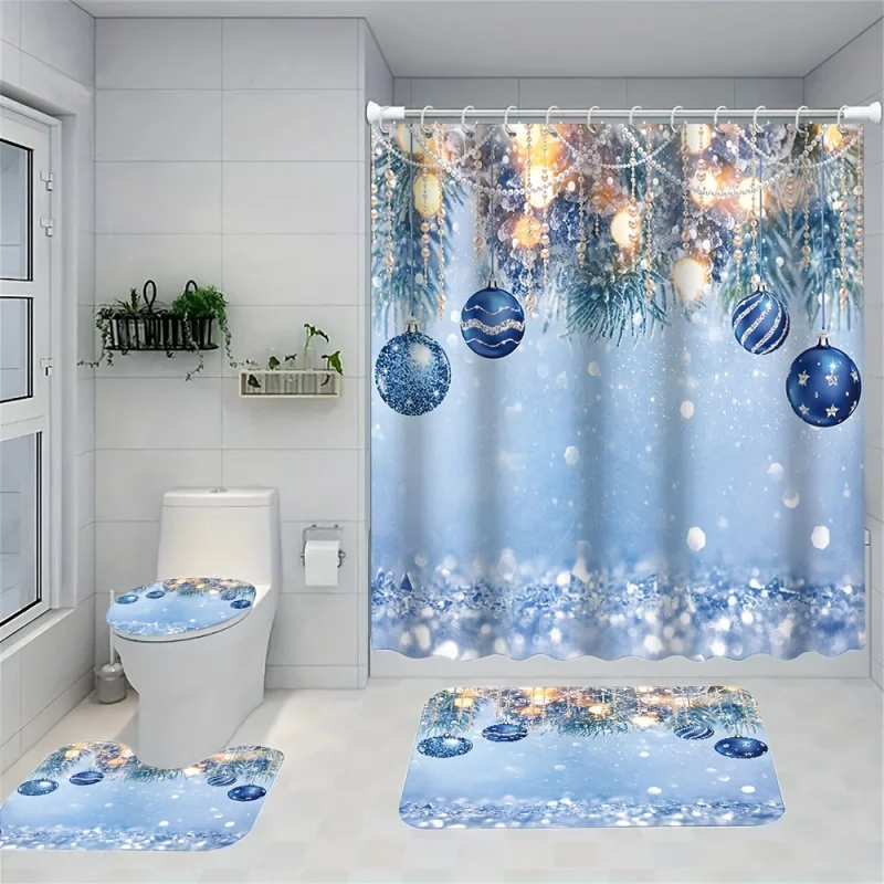 

Festive Blue Christmas Ball Shower Curtain Set with 12 Free Hooks - Includes Bath Mat, Toilet Seat Cover, And Bathroom Rug - Wat