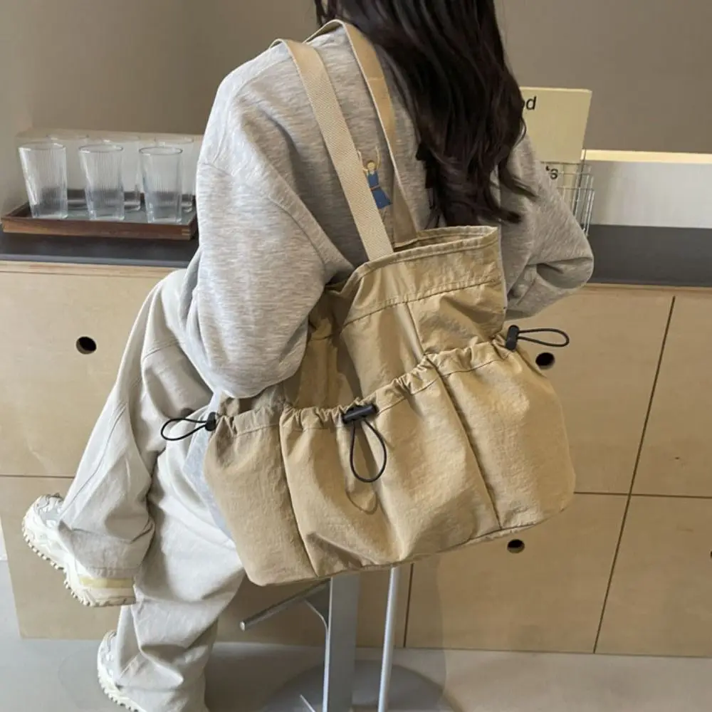 Wrinkled Drawstring Tote Bag Korean Style Solid color Canvas Handbag Storage Bag Large Capacity Nylon Underarm Bag Outdoor