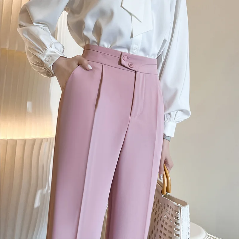 

Pink Suit Pants for Women Summer Cropped Suit Pants Draping High-Grade Sense Slim-Fit Straight-Leg Pants Loose Ankle-Tied Harem