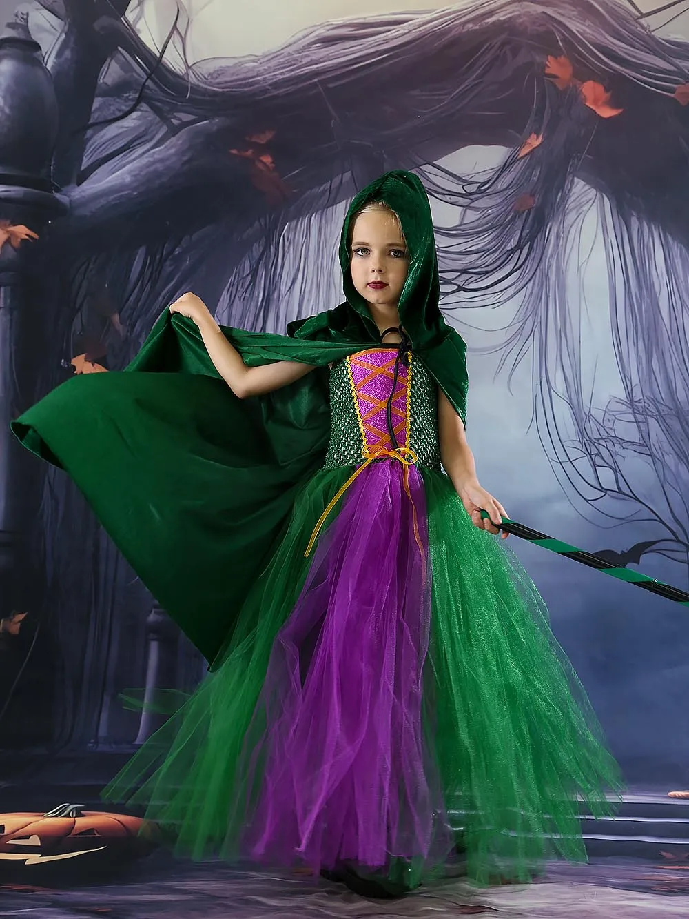 

Hocus Pocus Kids Costume Tutu Dress with Cloak and Broom Halloween Costume Girls Party Dresses Children Cosplay Fancy Dress Up