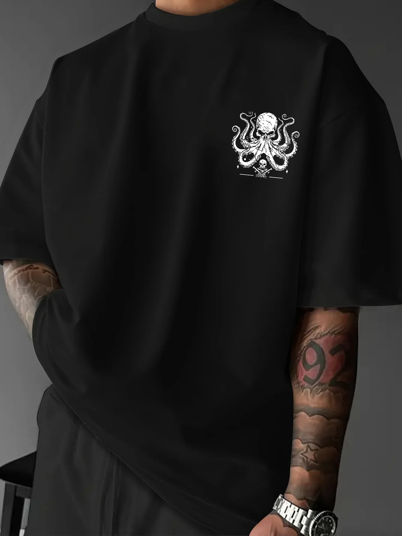 Neues Vintage Piraten-Oktopus-Schädel Grafik-Print T-Shirt für Männer, Locker Geschnittenes Streetwear Kurzarm-Oberteil S-XXL – Detail 3