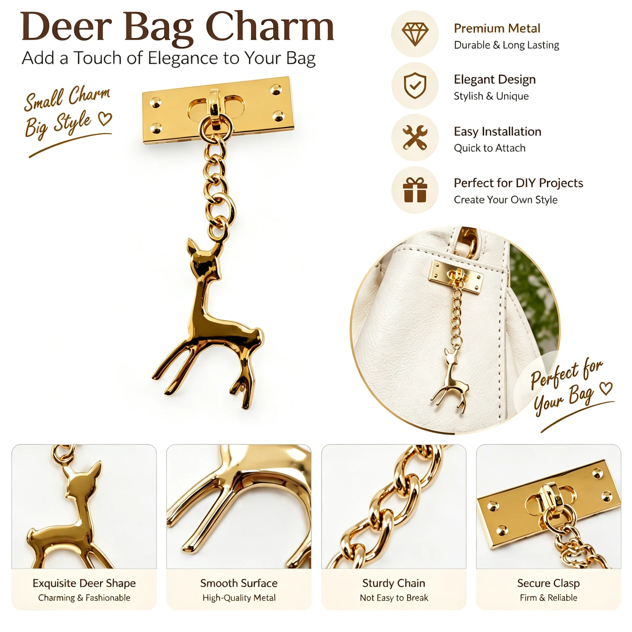2Pcs Exquisite Metal Cute Deer Clasp Buckle Buckles Bag Purse Hat Decor With Tassel Hardware DIY Leather Craft Accessories