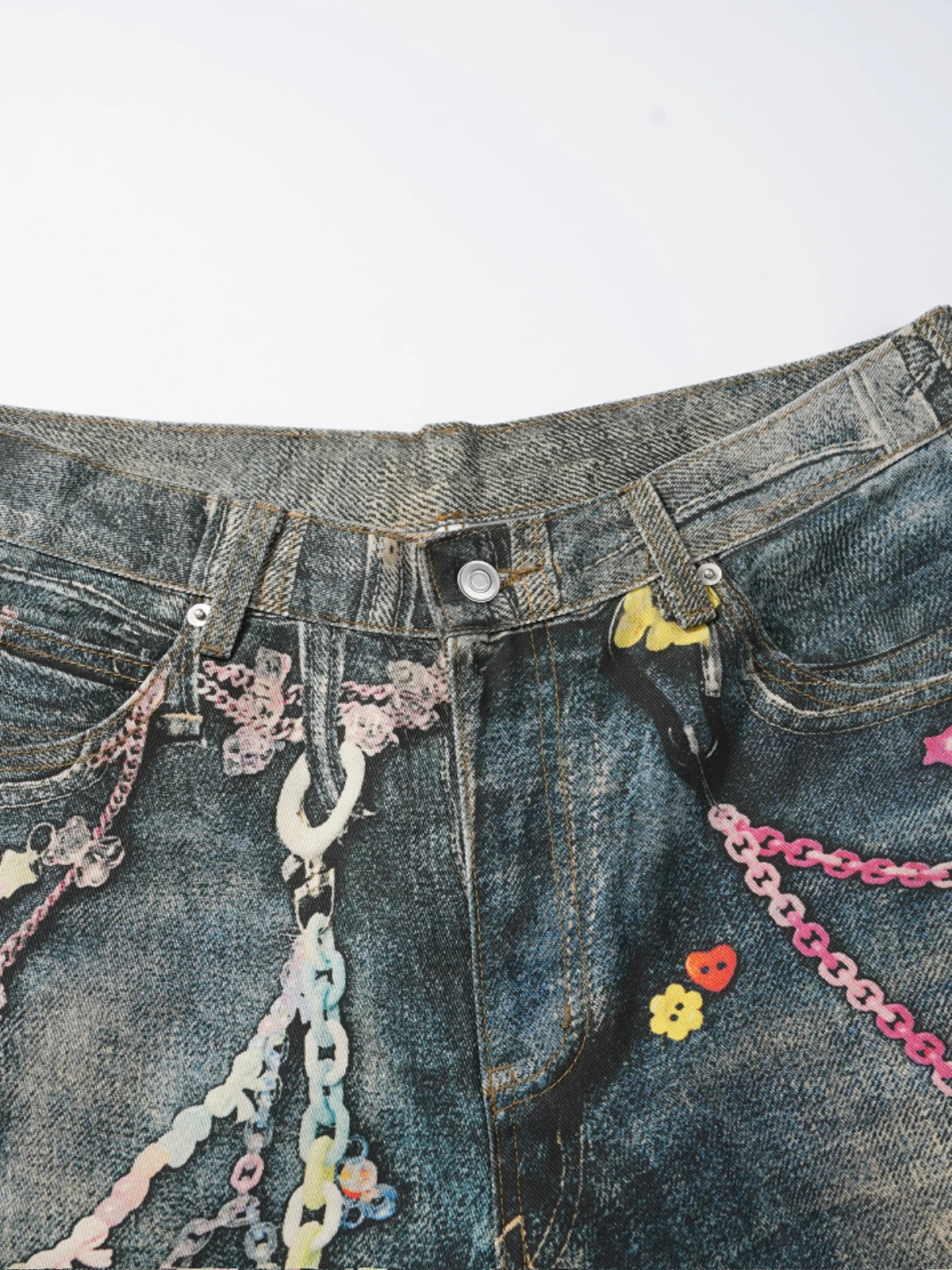 Men's 2025 Four-season Wear New Trendy Chain Printing Fashion Jeans Loose Straight Denim Trousers Personality Zipper Denim Pants