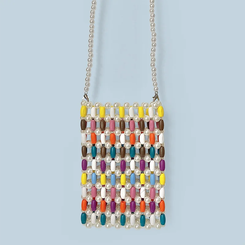 

Small niche design, colorful wooden bead woven handbag, handmade pearl bead woven bag, creative diagonal shoulder bag