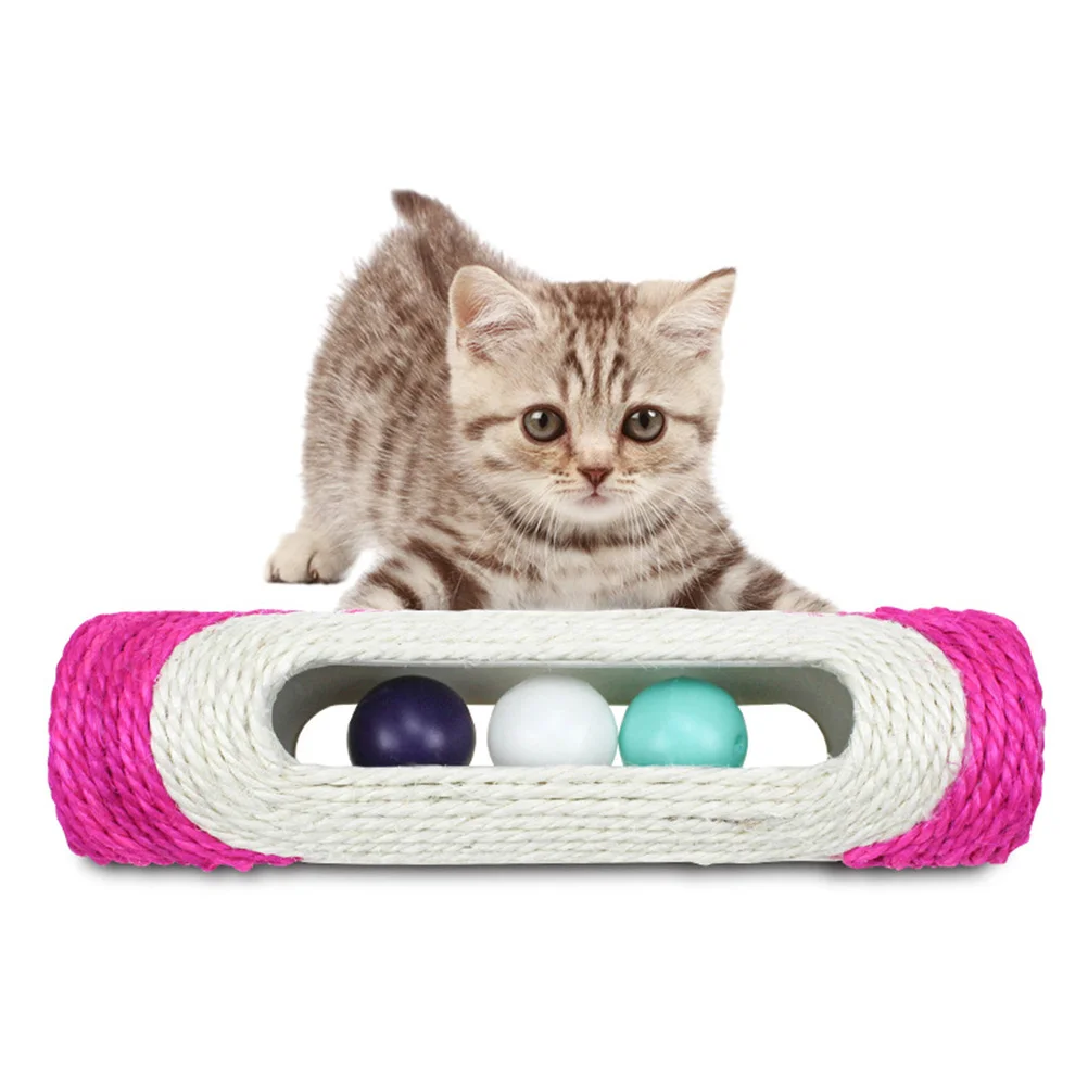 Long Drum with Three Ring Ball Sisal Cat Scratch Board Cat for Dogs and Cats Size M（Random Color）