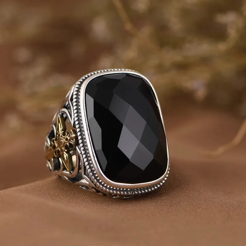 Niche Ring Retro Cross Flower Inlaid Square Cutting Surface Fashion Luxury Adjustable Opening Men's Ring Personality Trendy