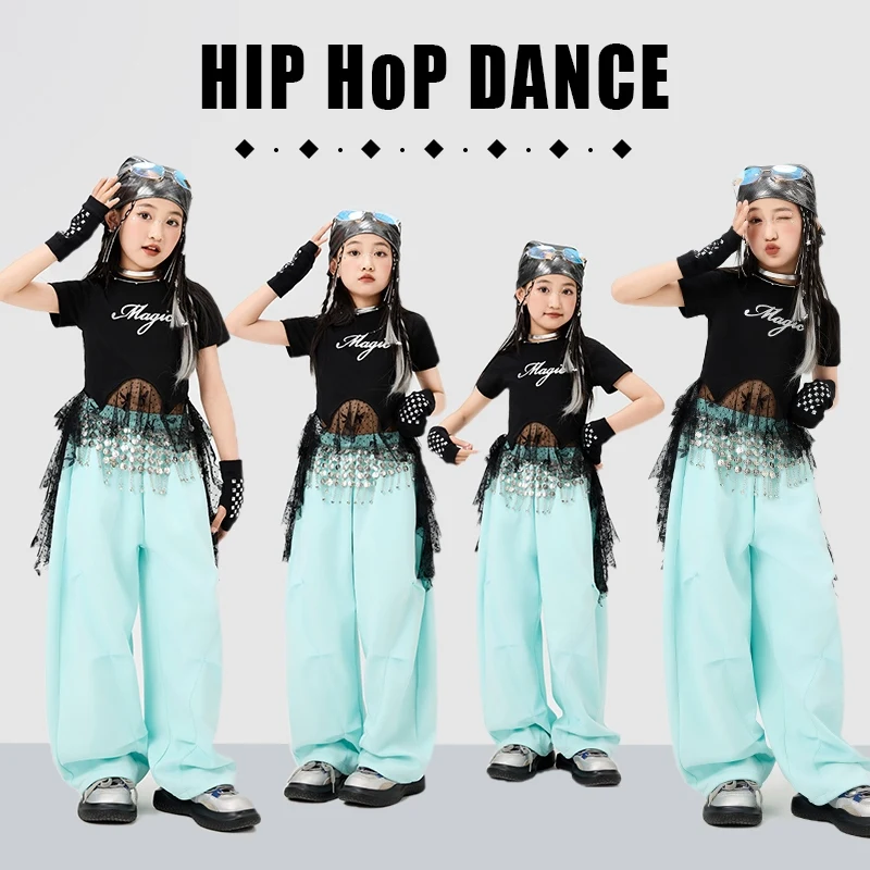 

New Ballroom Dance Costumes Jazz Clothing Girls White T-Shirt Blue Pants Kpop Clothes Fashion Kids Hip Hop Outfits DQS19944