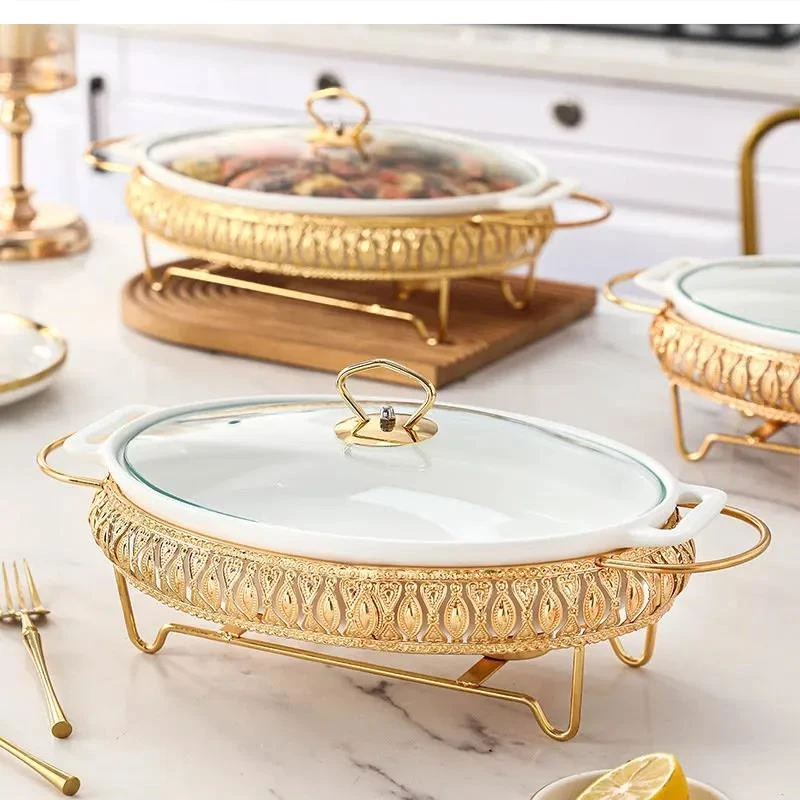 European-style light luxury oval ceramic soup pot household hotel restaurant candle heating dish with lid binaural casserole