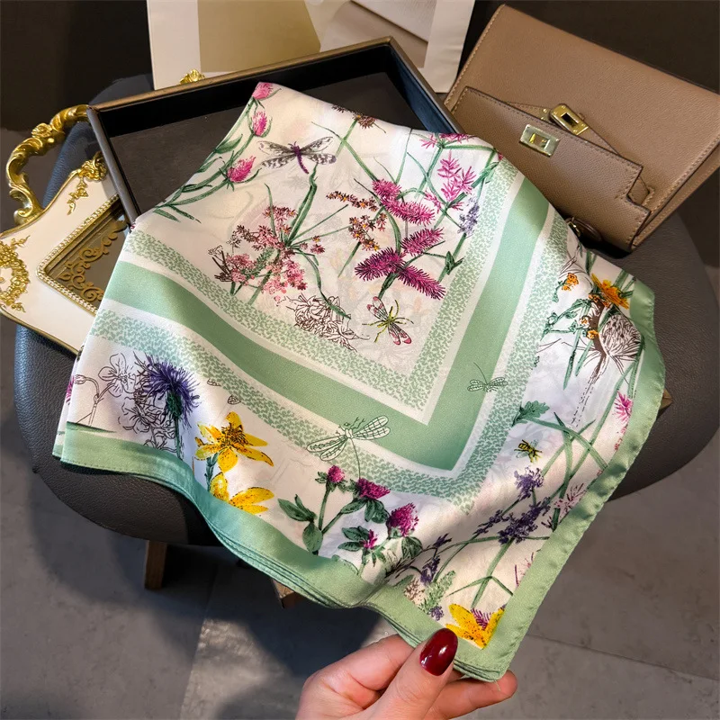 70*70cm Luxury Floral Square Scarf For Women Elegant Ladies Hijab Neckerchief Shawl Solid Soft Stain Silk Scarves For Travel image 4