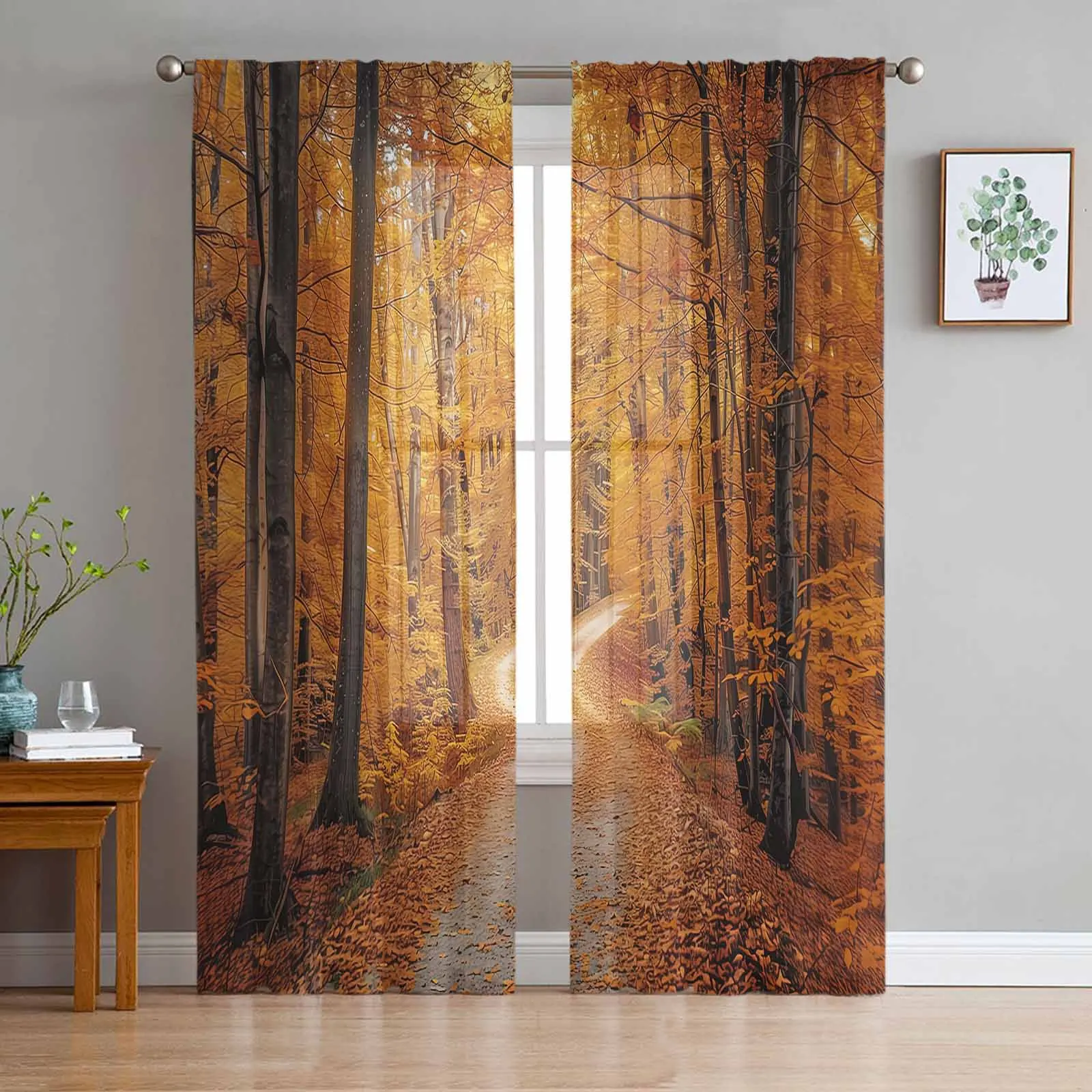 Autumn Sunset Forest Sheer Curtain Living Room Drapes Home Bedroom Voile Curtain Tulle Window Curtain