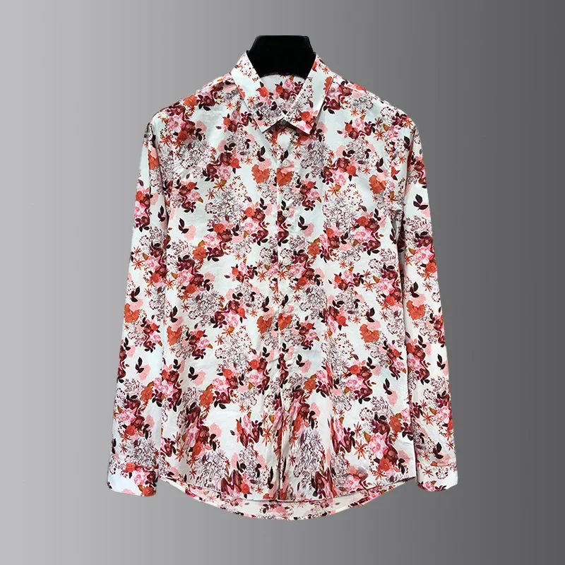 European fashion brand color shirt long sleeved spring and autumn new style full body floral print slim fit lapel shirt