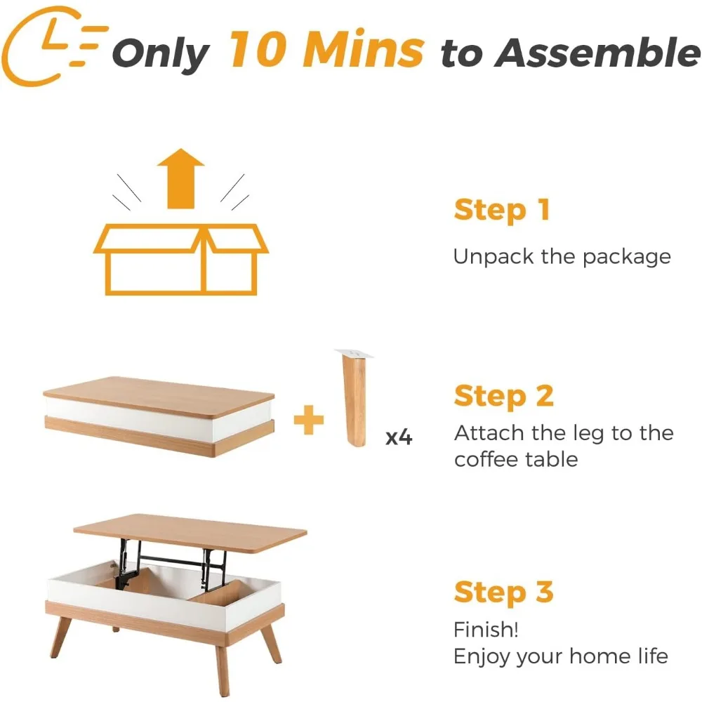 Mesa de centro de café com compartimento de armazenamento escondido Mesas de carvalho para sala de estar, fácil de montagem, elevatória, vidro