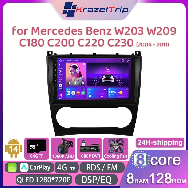 

8 Core Car Radio Stereo for Mercedes Benz W203 W209 C180 C200 C220 C230 2004 - 2011 Carplay Andriod Auto QLED GPS 4G DSP RDS AM