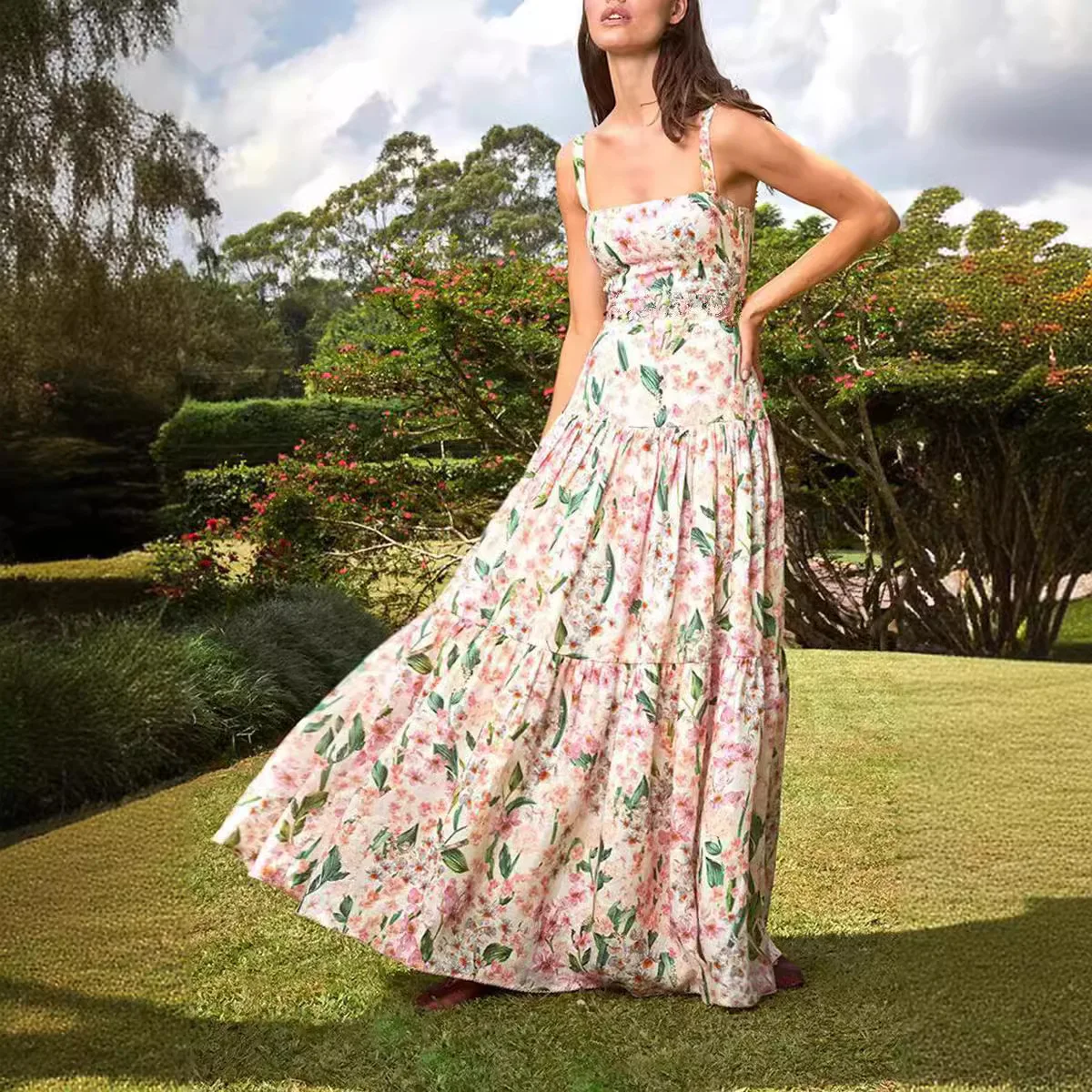 Transfrontalier printemps été nouveau doux et épicé Sle imprimé fleuri sangle a-ligne jupe Dr Ele taille Polyester tricoté Dr