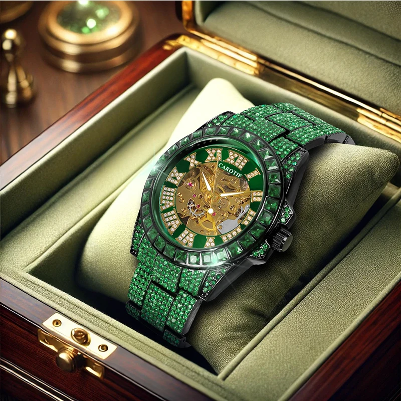 

A men's green steel strap business elegance Roman stud cut-out automatic mechanical watch