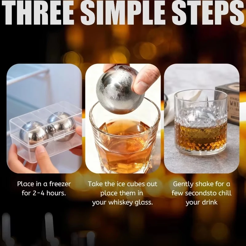 Stainless Steel Whiskey Ice Balls Set – 55mm 2 Reusable Freezer Balls with Tongs, Bar Party Accessories for Cocktails & Drinks - view 4