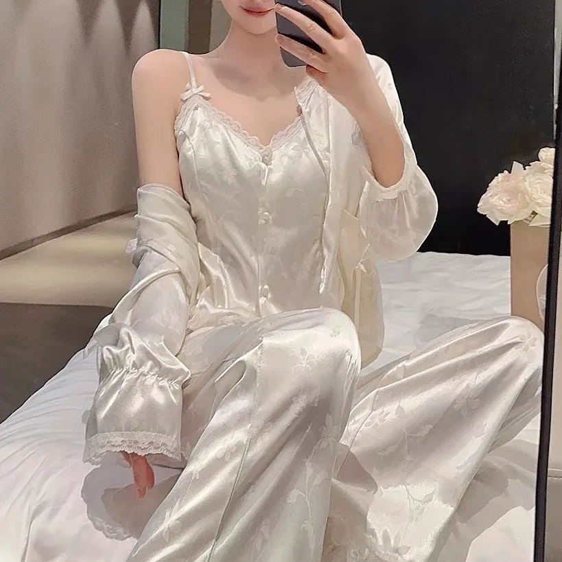 

Chinese Style Jacquard 3PCS Pajamas Set Sleepwear Springh Summer Satin Nightwear Trouser Suits Palace Style Homewear Loungewear