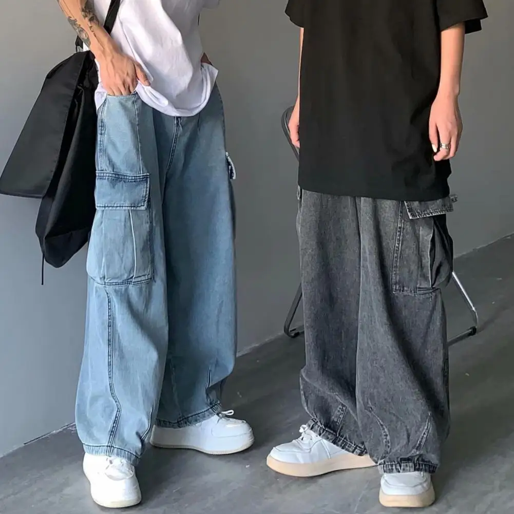 

Men Summer Cargo Jeans Multi Pockets Straight Wide Leg Denim Pants Retro Loose Fit Denim Trousers Streetwear Jeans 데님 롱 팬츠