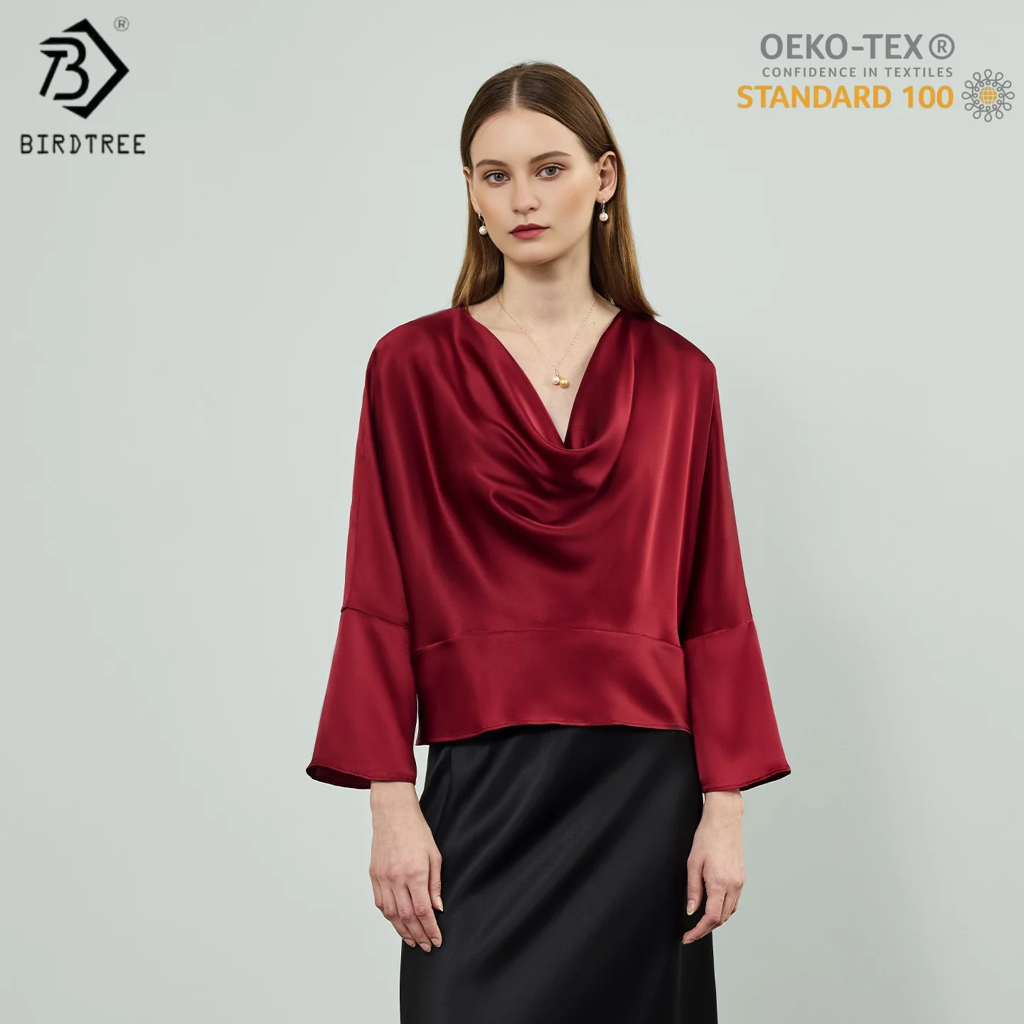 

Birdtree,OEKO-TEX,19MM 100% Mulberry Silk Blouse,Women Swinging Collar Tops,Long Sleeve,Commuting,2025 Autumn Shirt T5D209JF