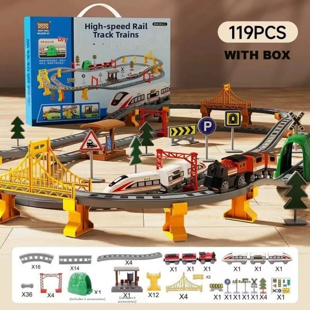 Treno elettrico per bambini 7 stili con binario in plastica con scatola Giocattoli per auto con binario elettrico per bambini Regalo di compleanno per bambini