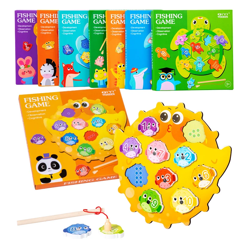 

Funny Table Game Magnetic Wooden Fishing Game Crab Dinosaur Sharks Butterfly Puffer Frog Turtle Shell Style Kids Educational Toy