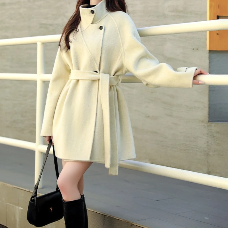 スタンドカラーカシミヤコート レディース 2025年秋冬新作 ファッション ゆったりウールコート 小柄な女性向け