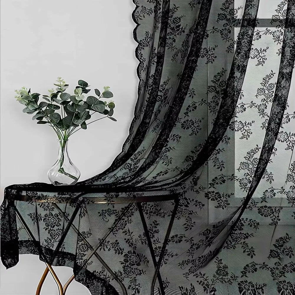 Home Decoration Embroidery Floral Lace Curtain Wavy Edge Transparent Sheer Curtain Breathable Door Curtain Girl