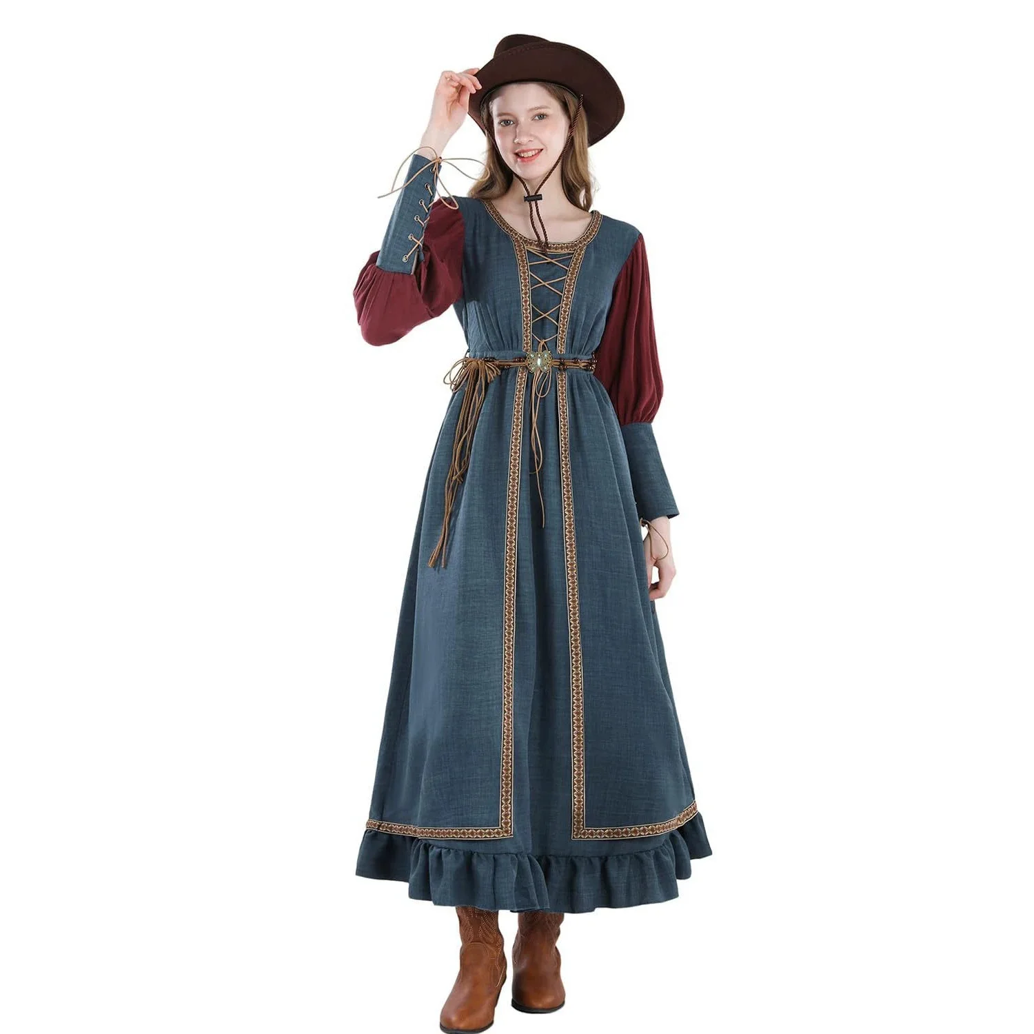 

Medieval Renaissance Women Dress Boho Retro Pastoral Bohemian Maxi Dress Carnival Halloween Party Stage Performance Costume