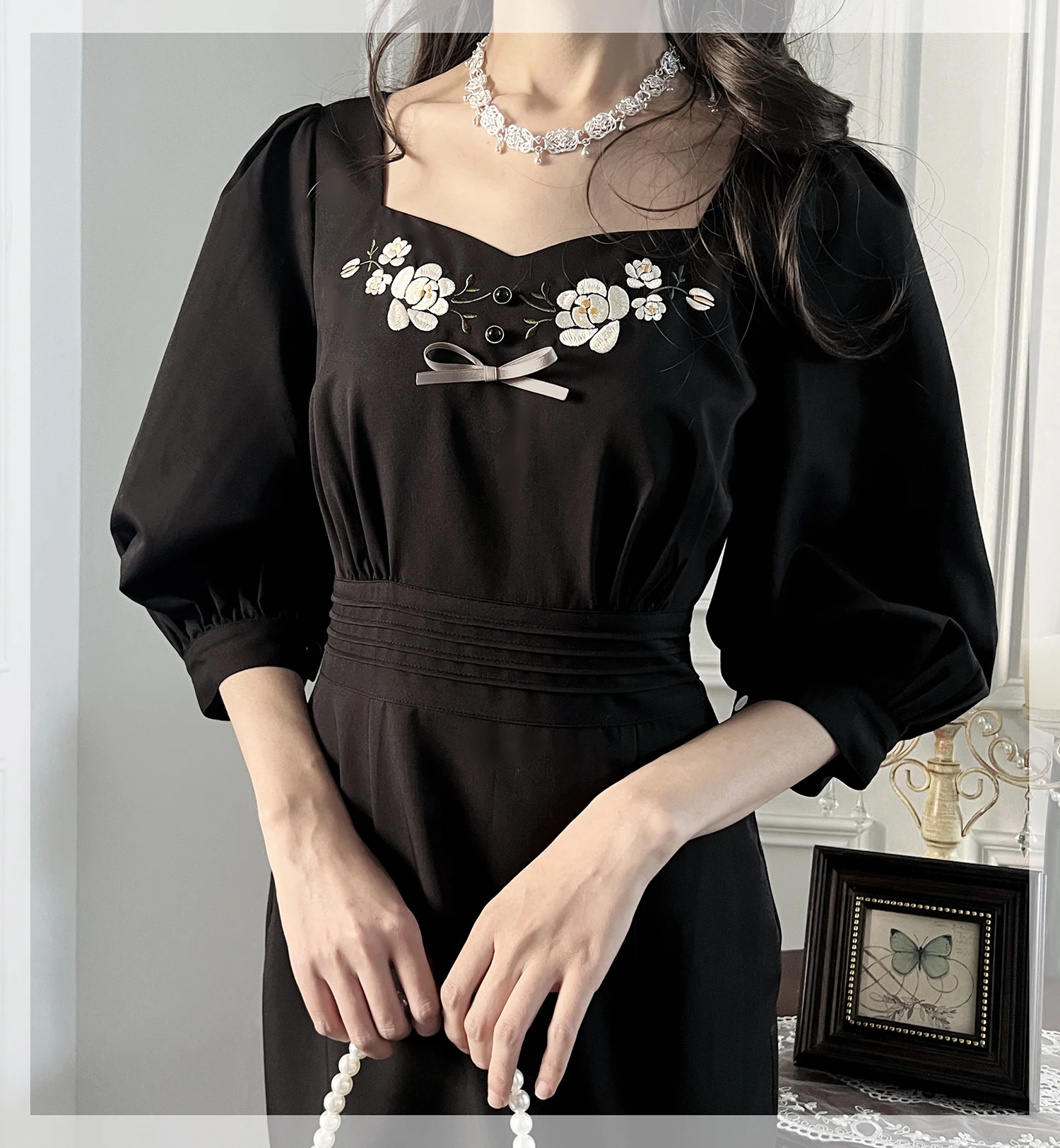 الفرنسية أنيقة خمر لوليتا فستان ساحة الرقبة المطرزة طويلة الأكمام عالية الخصر سليم صالح Bodycon ذيل السمكة فستان المرأة الخريف #6