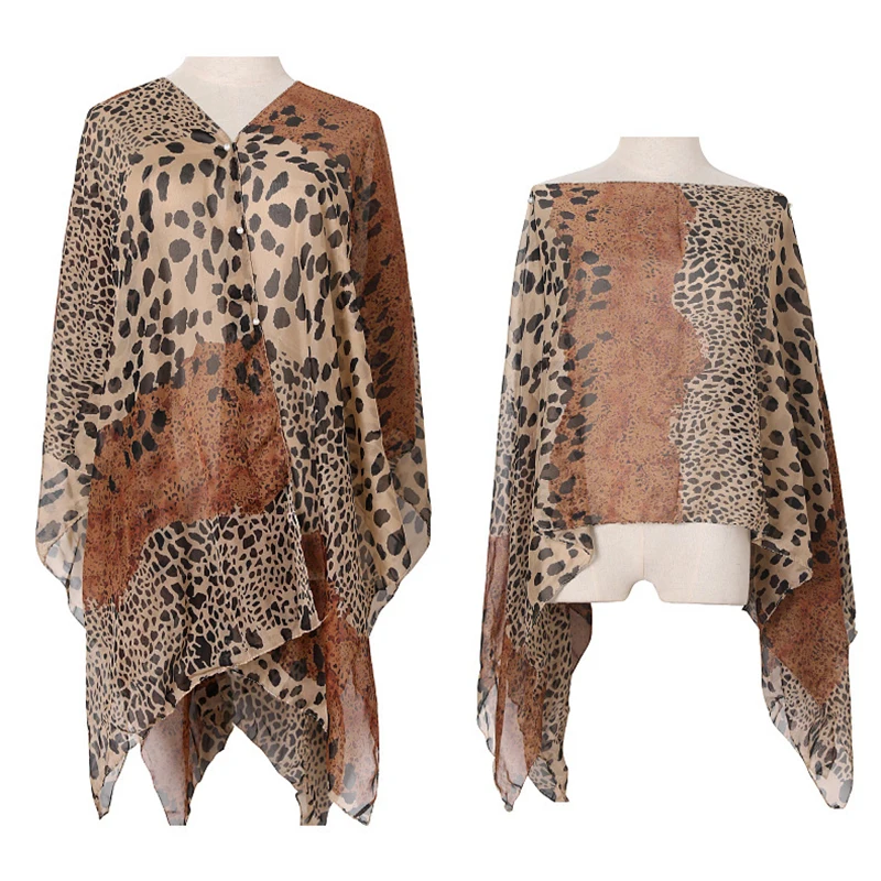 Sexy Leopard Print Silk Scarf Summer Thin Cardigan Beach Towel Chiffon Transparent Sunscreen Shawl Waistcoat Sun Blouse T77