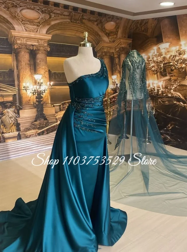 Vestido de novia afgano de un solo hombro en verde pavo real, personalizado con cuentas, estilo tubo, cola desmontable, para noche de Henna o Nikkah