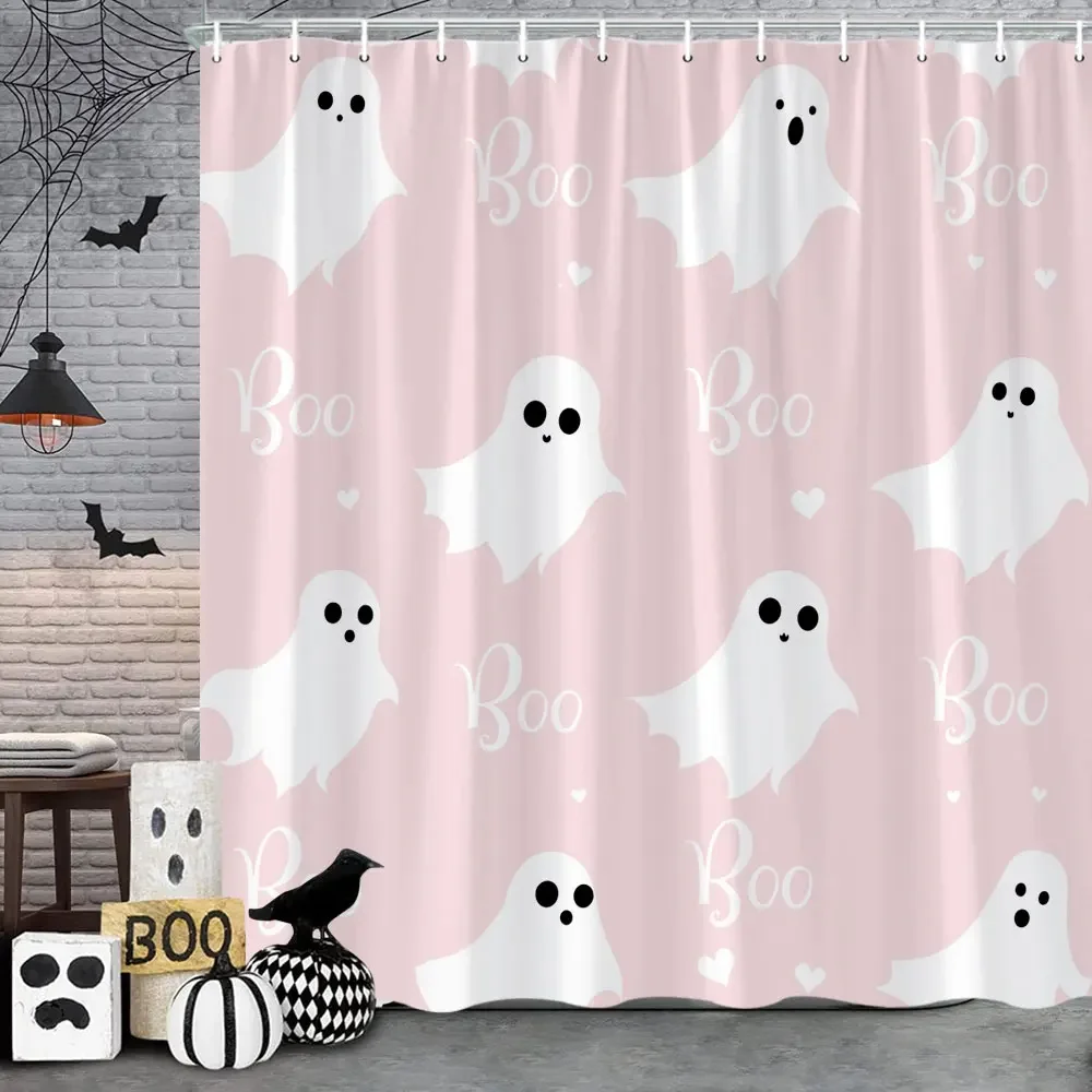 Pink Cute Halloween Shower Curtain Ghost Pumpkin Bat Skull Polyester Fabric Kids Shower Curtain Girls Bathroom Decor Strap Hooks