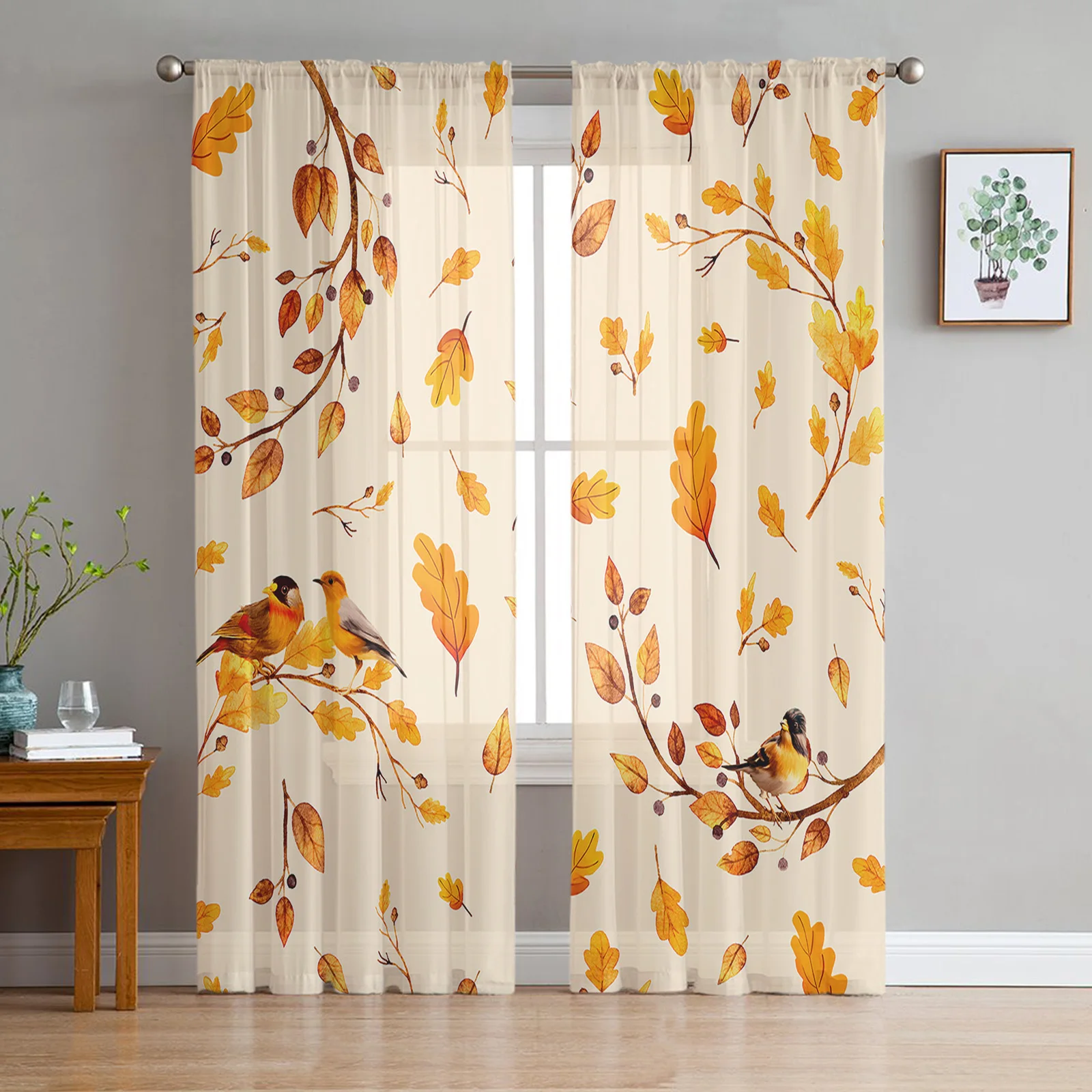 

Autumn Leaf Sparrow Tit Sheer Curtains For Living Room Tulle Window Curtain Bedroom Kitchen Veil Drapes